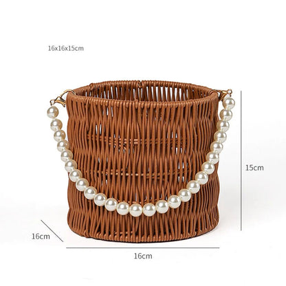 Flower Plastic Woven Imitation Basket with Pearl Handle - Elegant Supply