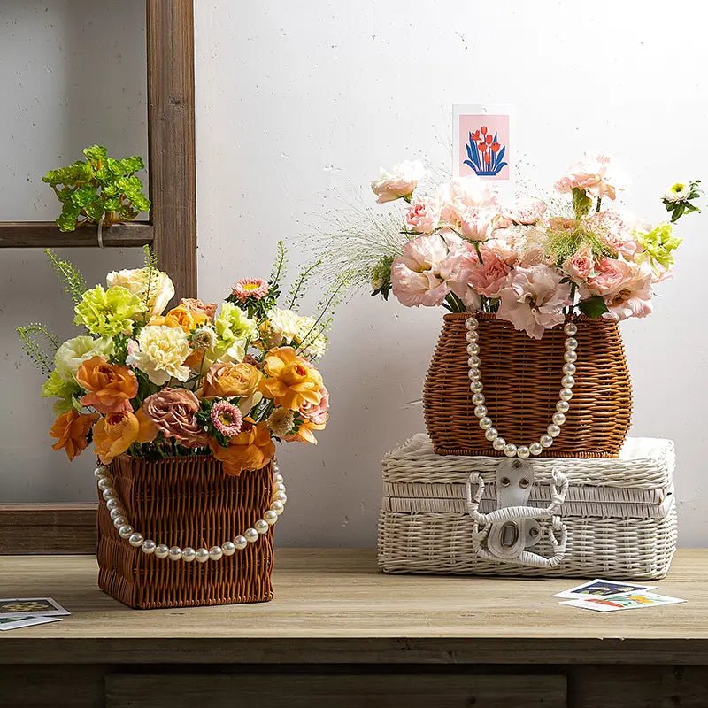 Flower Plastic Woven Imitation Basket with Pearl Handle - Elegant Supply