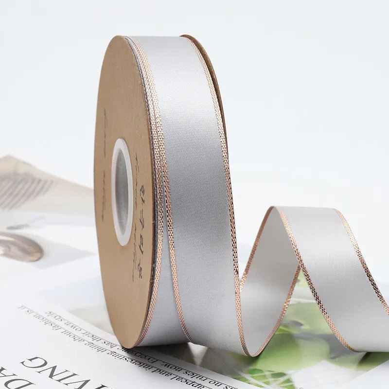 Golden Edge Line Silk Ribbon Roll For Flower Bouquet & Gift Wrapping - Elegant Supply