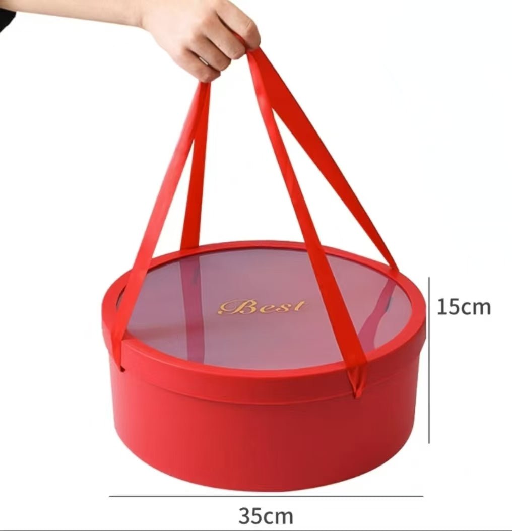Large “Best” Round Flower Gift Box with Clear Lid & Handles - Elegant Supply