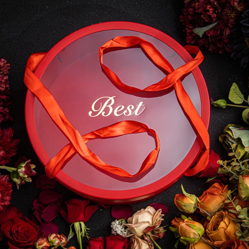 Large “Best” Round Flower Gift Box with Clear Lid & Handles - Elegant Supply