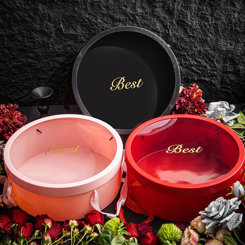 Large “Best” Round Flower Gift Box with Clear Lid & Handles - Elegant Supply