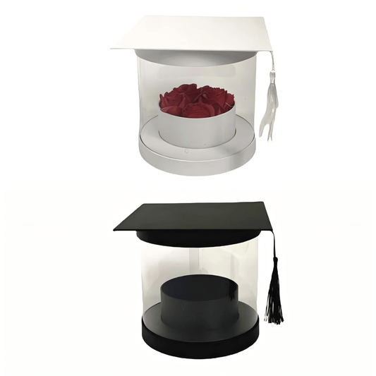 Mini Graduation Cap Flower Gift Box – Black or White Round Display with Tassel - Elegant Supply