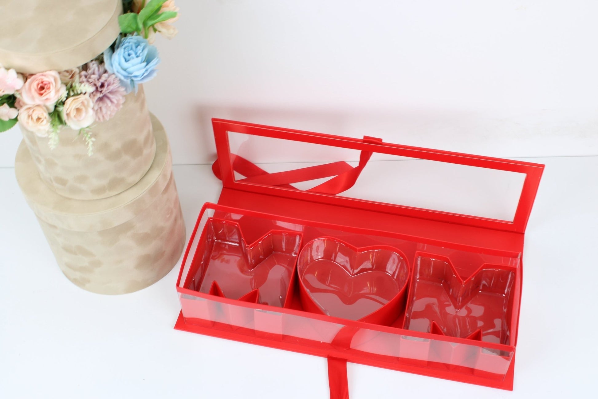 Mother's Day 'MOM' Flower Box with Clear PVC Top, Plastic Liner and Satin Ribbon - Elegant Supply
