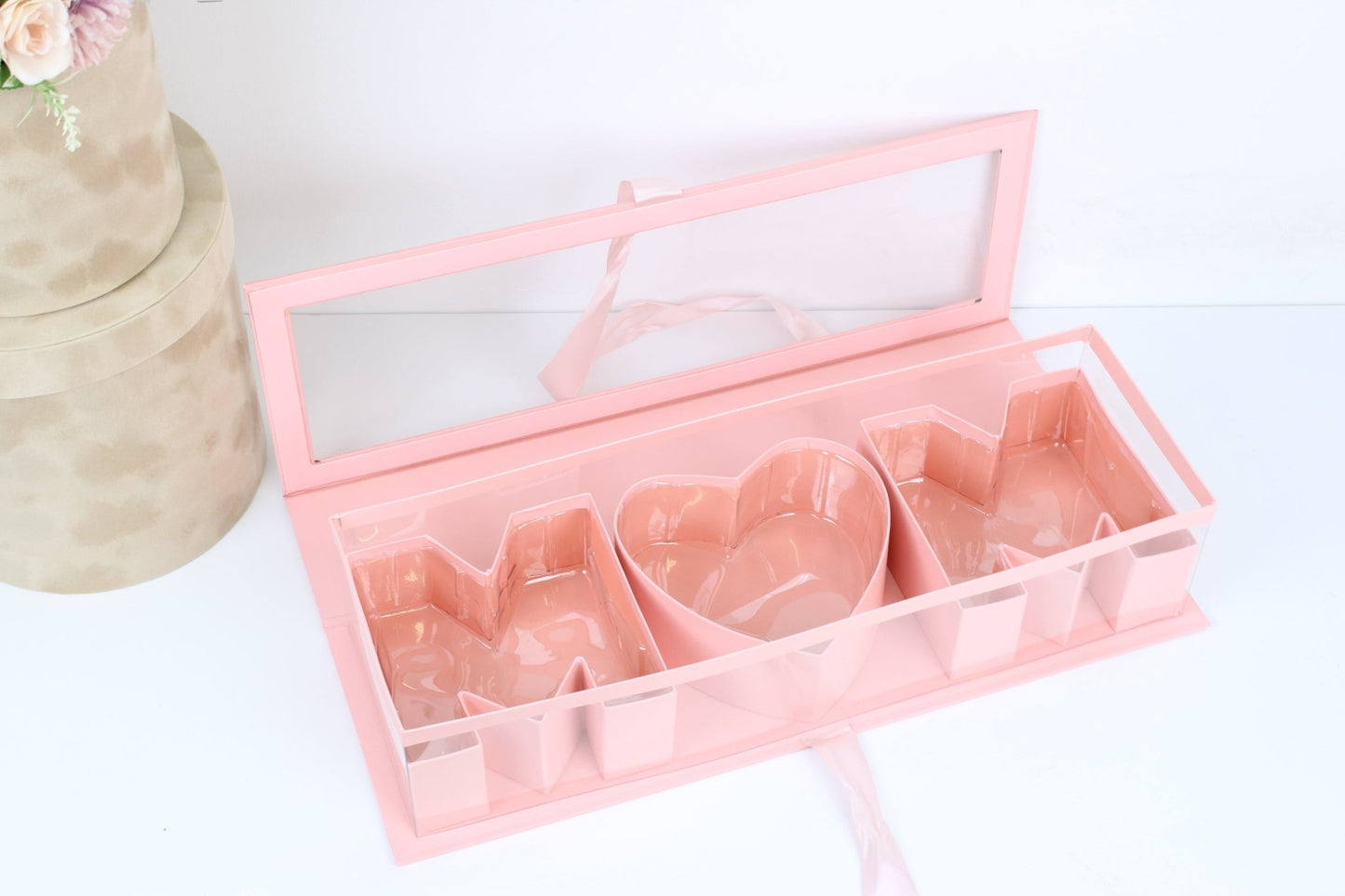 Mother's Day 'MOM' Flower Box with Clear PVC Top, Plastic Liner and Satin Ribbon - Elegant Supply