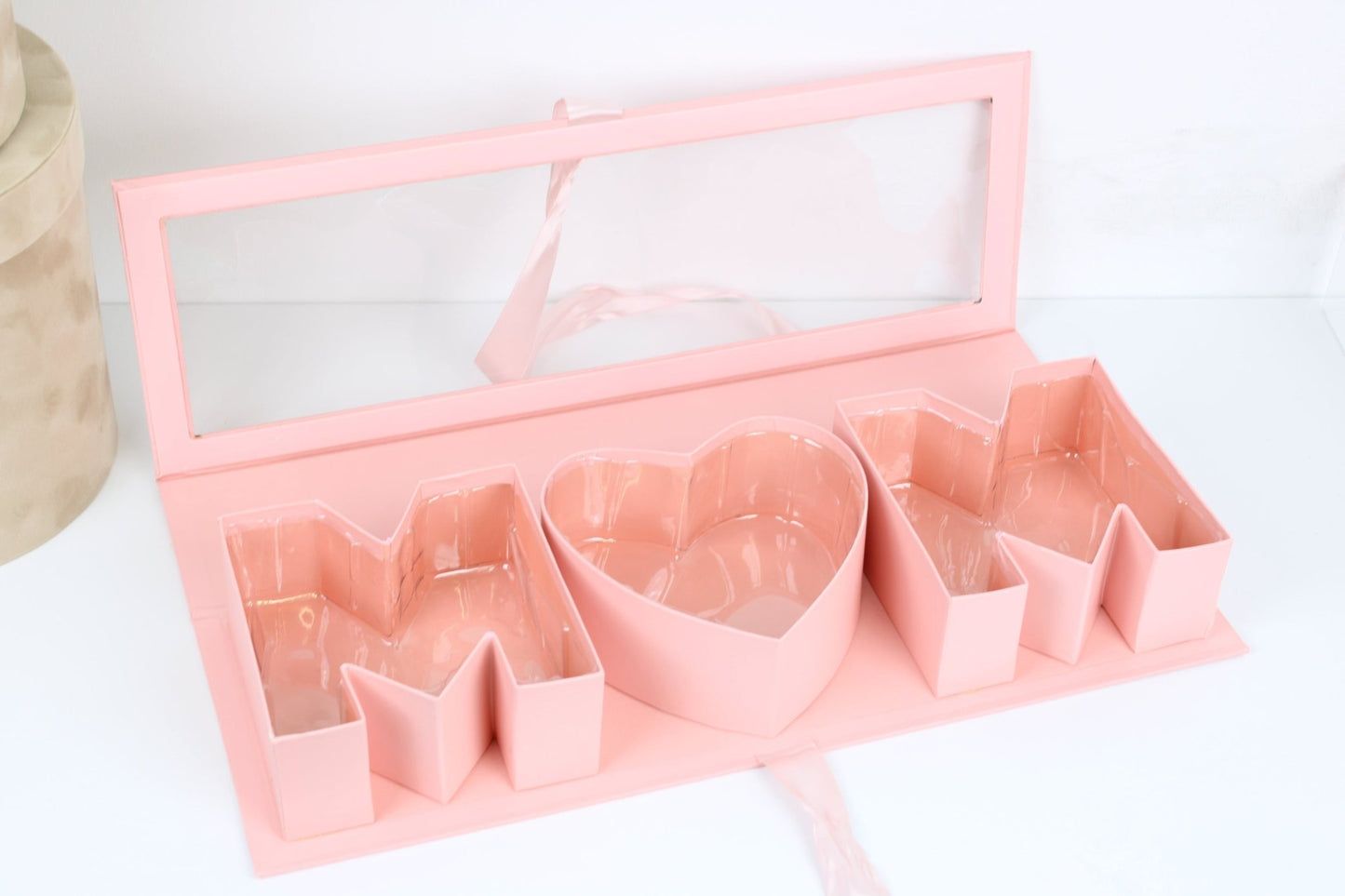 Mother's Day 'MOM' Flower Box with Clear PVC Top, Plastic Liner and Satin Ribbon - Elegant Supply