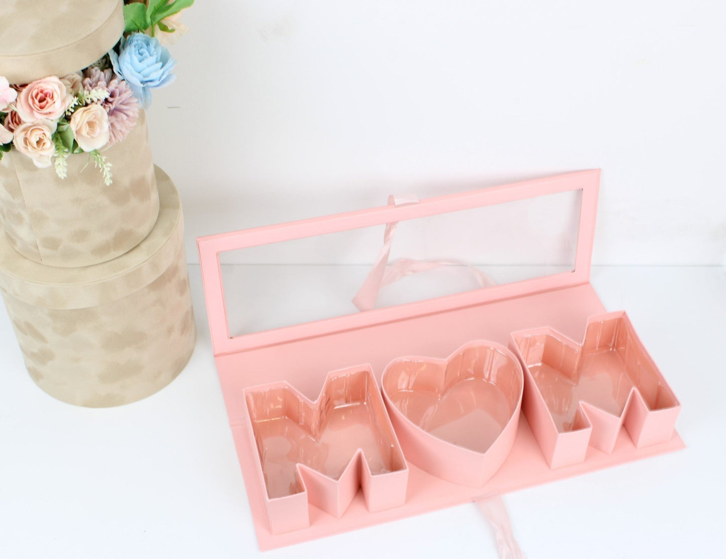 Mother's Day 'MOM' Flower Box with Clear PVC Top, Plastic Liner and Satin Ribbon - Elegant Supply