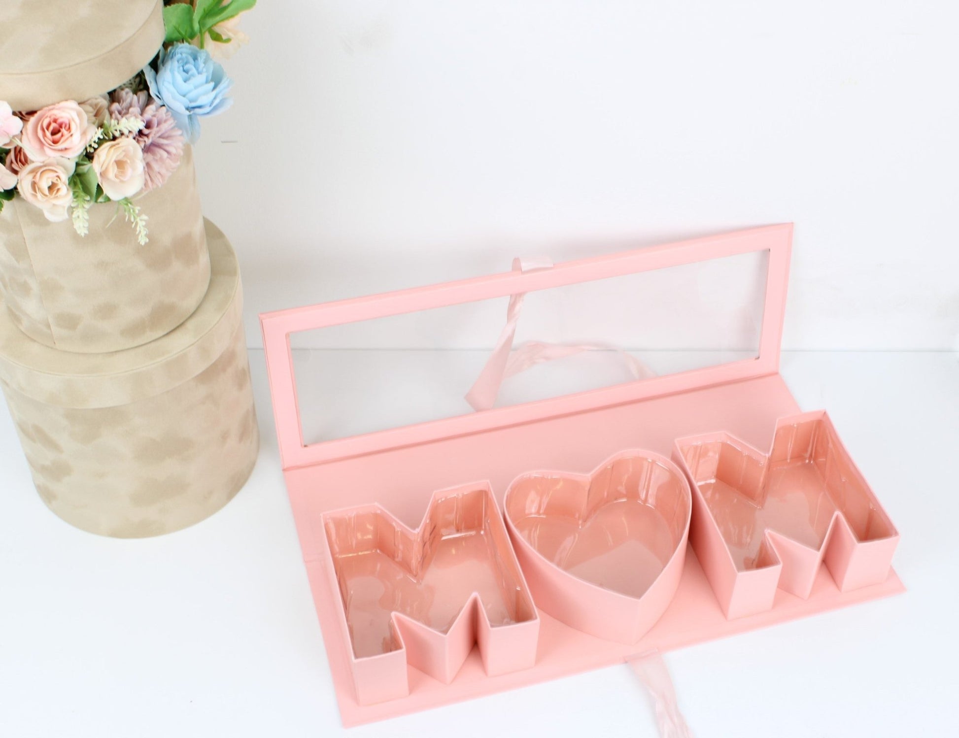 Mother's Day 'MOM' Flower Box with Clear PVC Top, Plastic Liner and Satin Ribbon - Elegant Supply