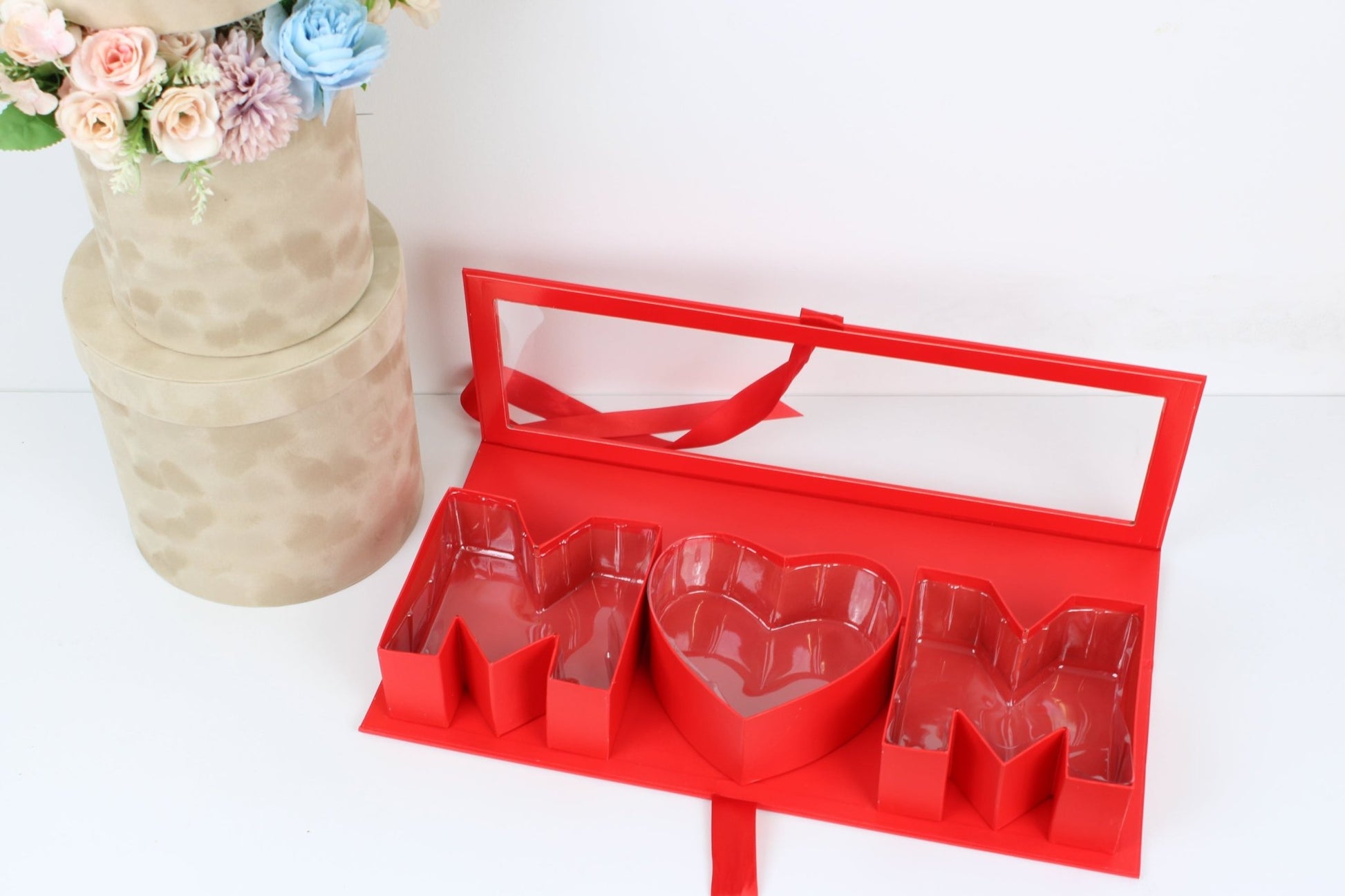 Mother's Day 'MOM' Flower Box with Clear PVC Top, Plastic Liner and Satin Ribbon - Elegant Supply