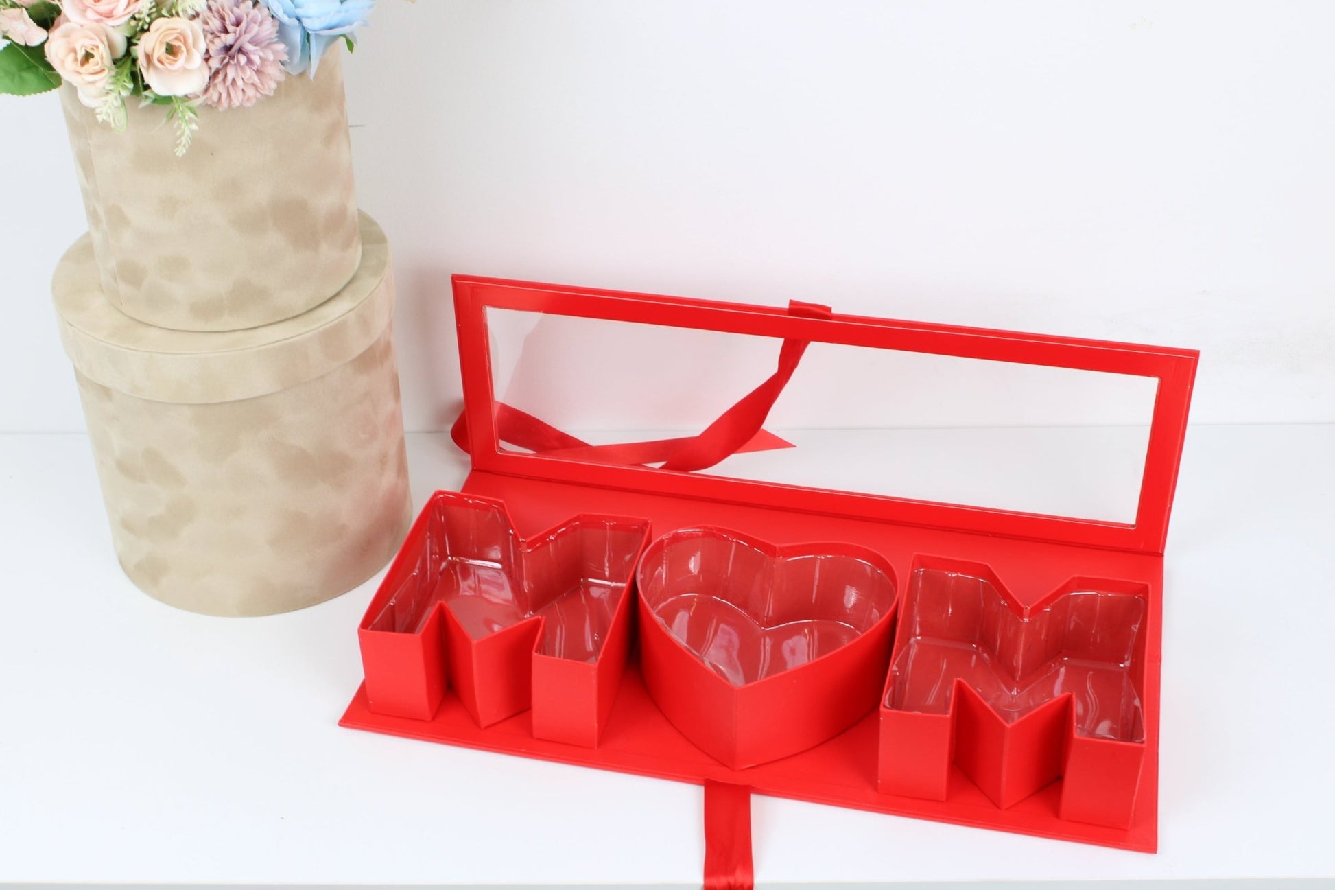 Mother's Day 'MOM' Flower Box with Clear PVC Top, Plastic Liner and Satin Ribbon - Elegant Supply