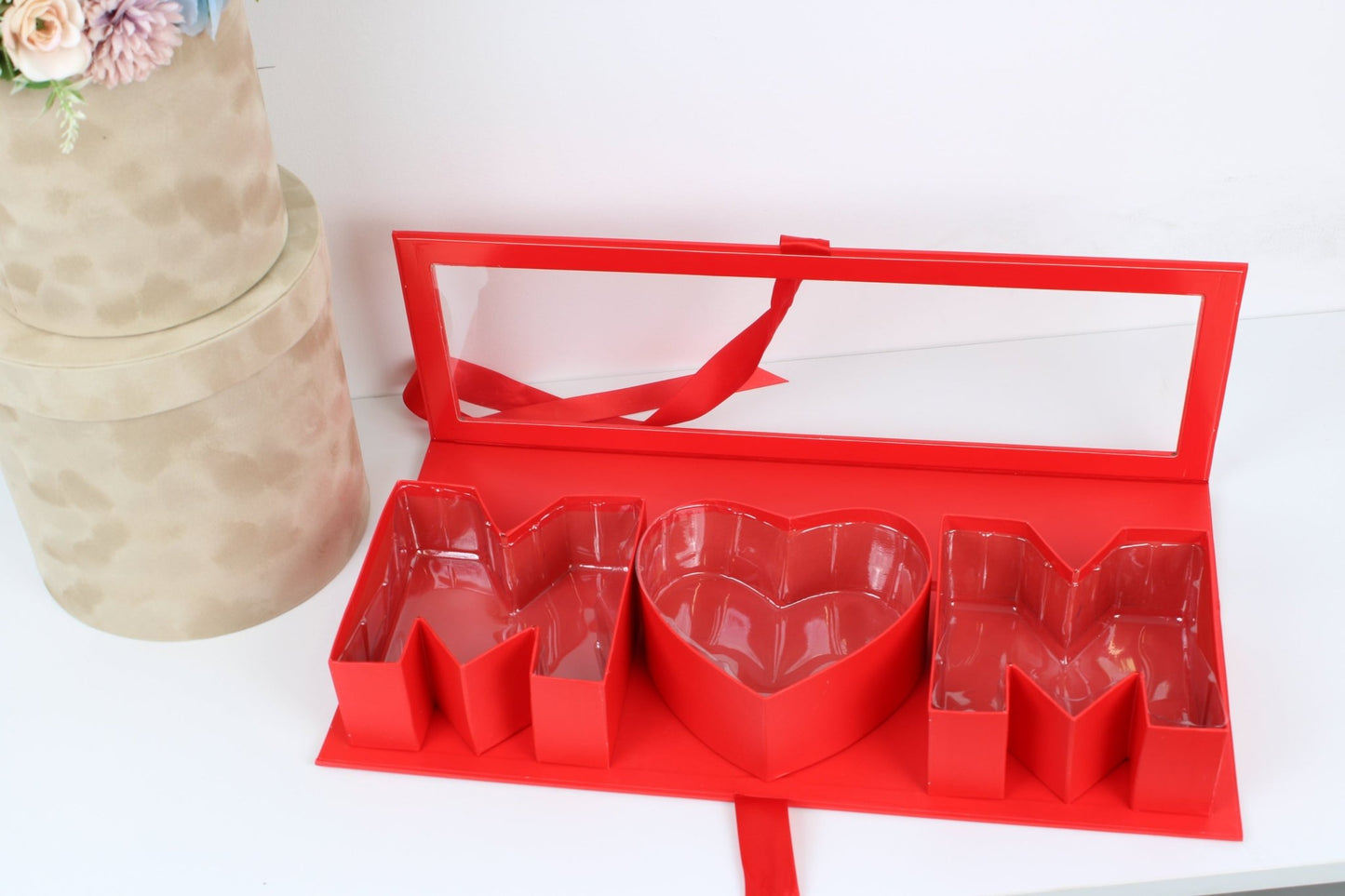 Mother's Day 'MOM' Flower Box with Clear PVC Top, Plastic Liner and Satin Ribbon - Elegant Supply