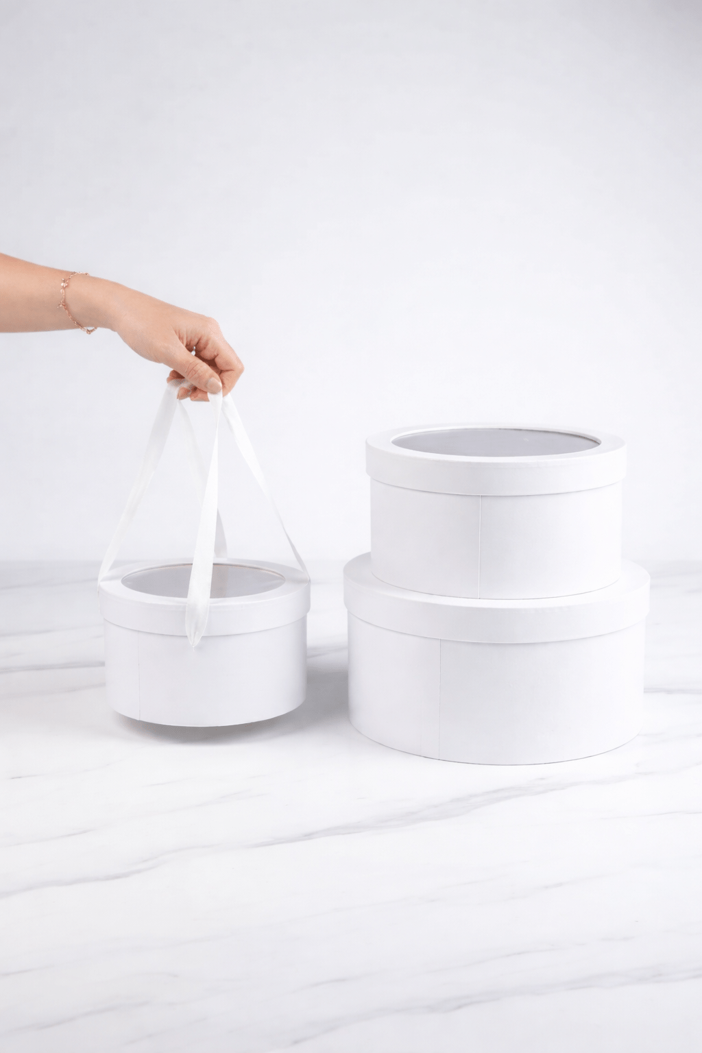 Round Gift Box with Clear Lid and Handle - Elegant Supply