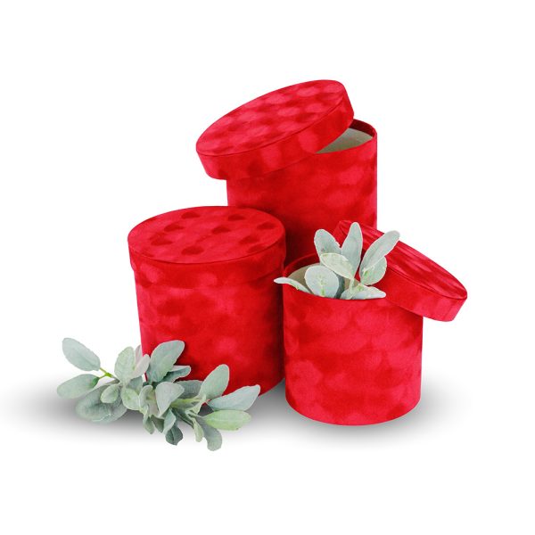 Red velvet round Flower Box for elegant floral arrangements.