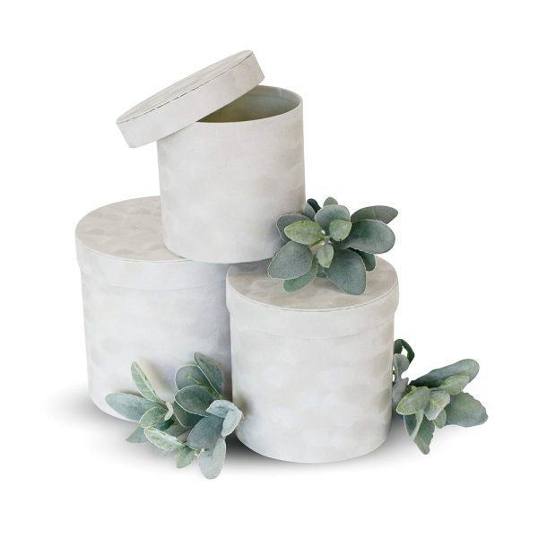 White velvet round Flower Box for elegant floral arrangements.