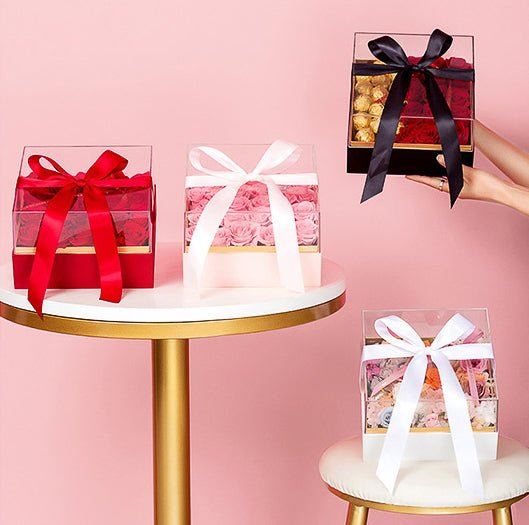 Square Acrylic GIft Flower Box with Ribbon - Elegant Supply