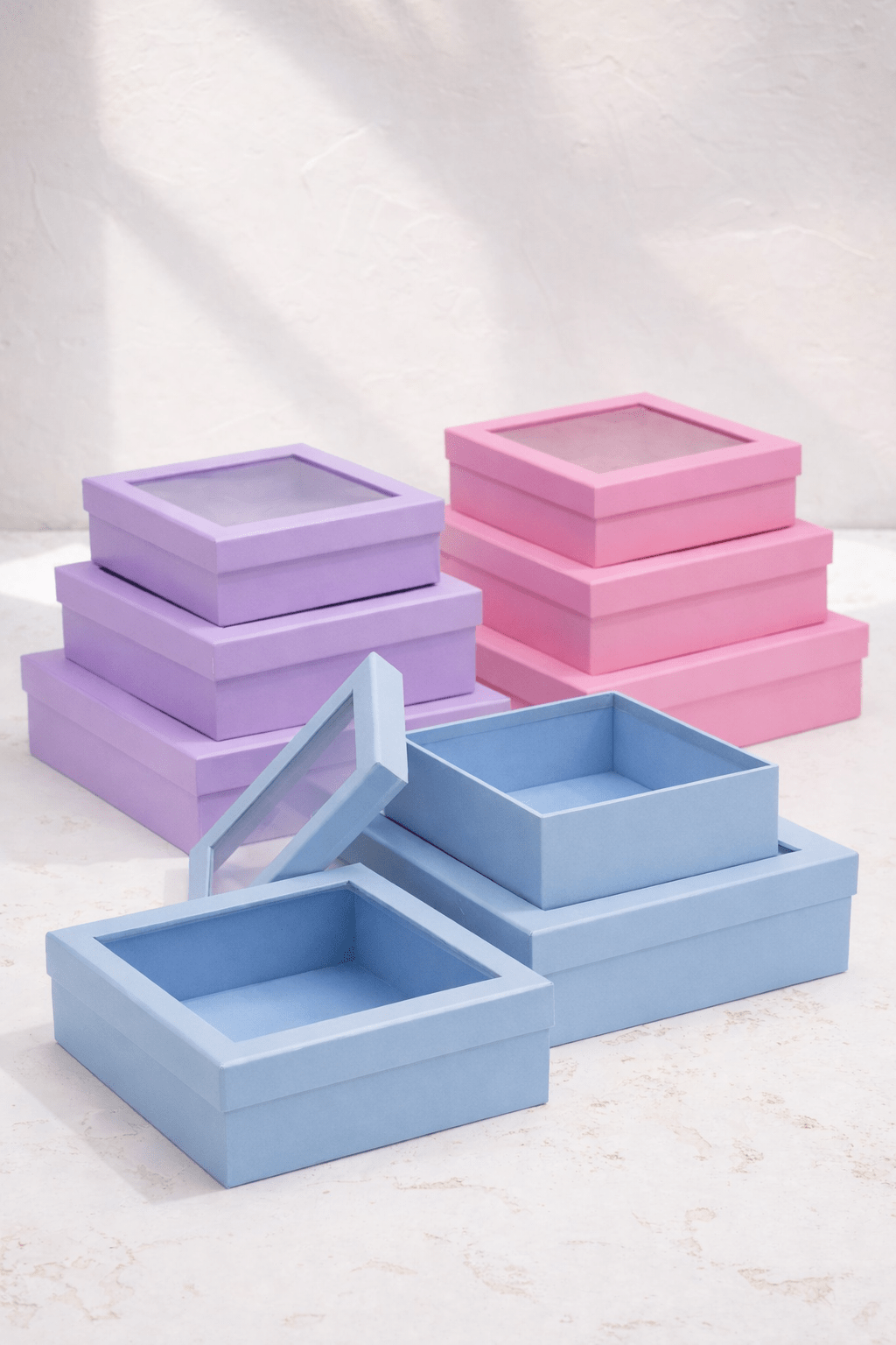 Square Macaroon Color Flower Gift Box with Clear Lid - Elegant Supply