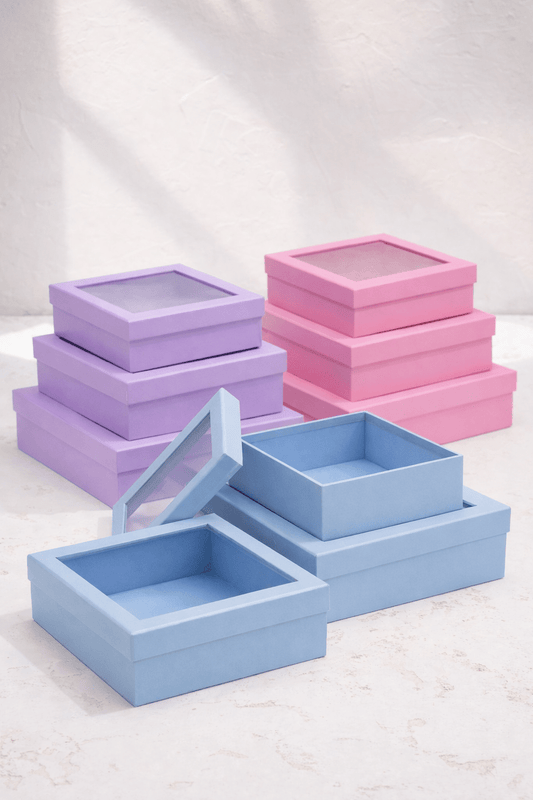 Square Macaroon Color Flower Gift Box with Clear Lid - Elegant Supply