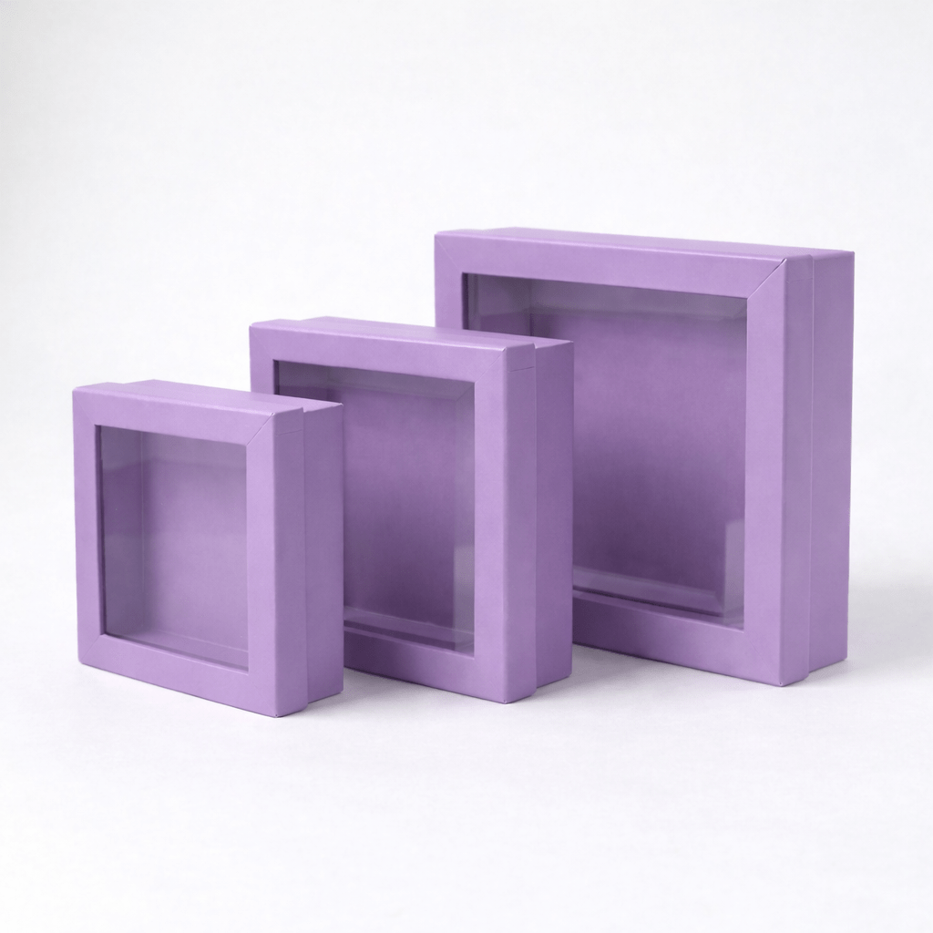 Square Macaroon Color Flower Gift Box with Clear Lid - Elegant Supply