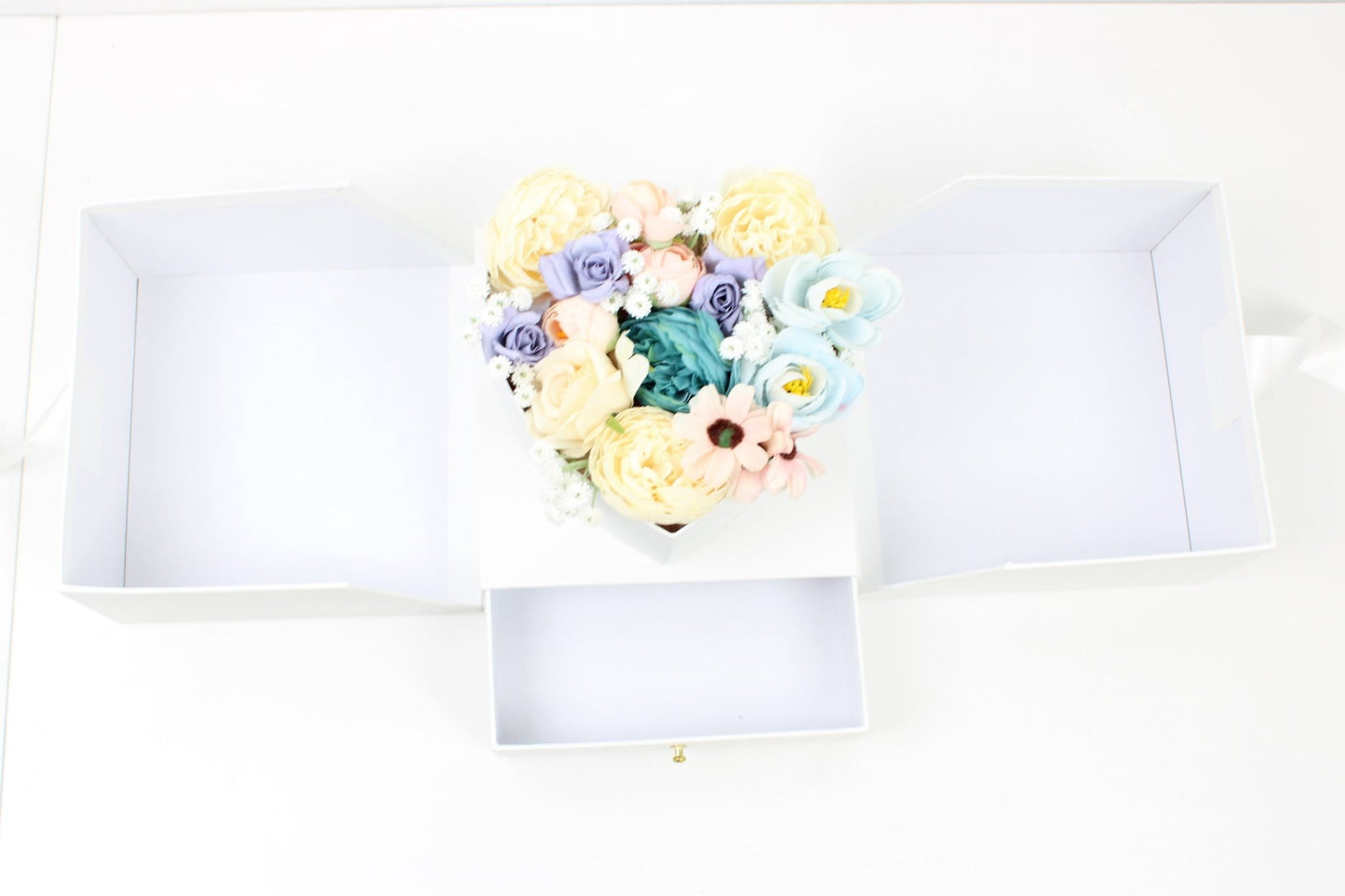Surprise Cube Flower Box with Heart Insert, Drawer and Ribbon - Elegant Supply