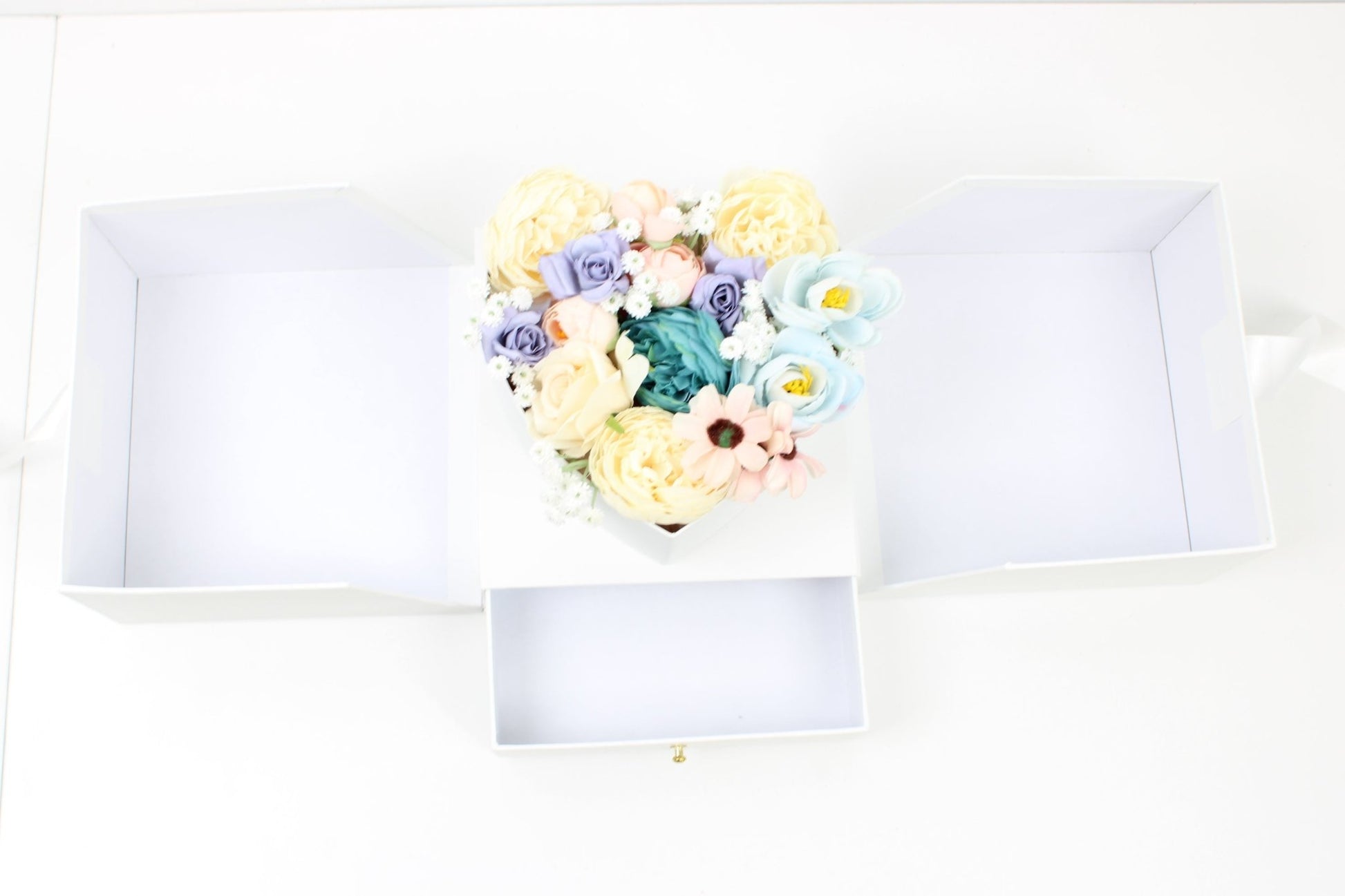 Surprise Cube Flower Box with Heart Insert, Drawer and Ribbon - Elegant Supply