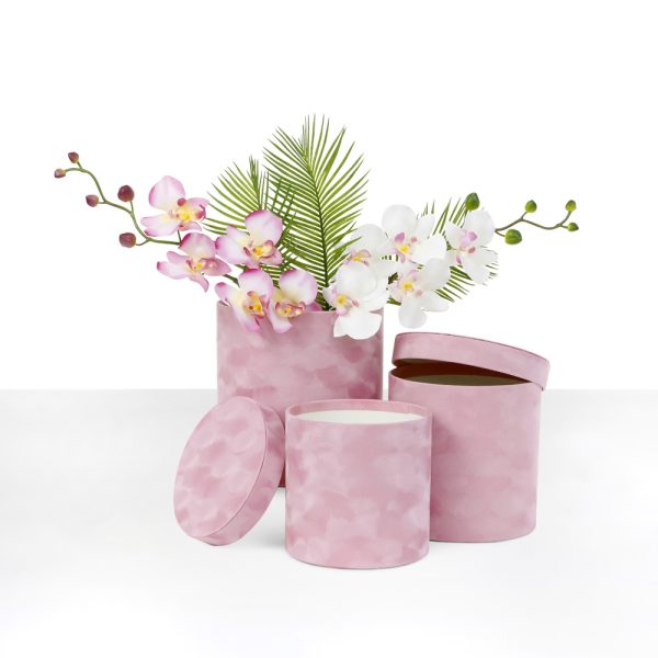 Pink velvet round flower box perfect for sophisticated floral arrangements