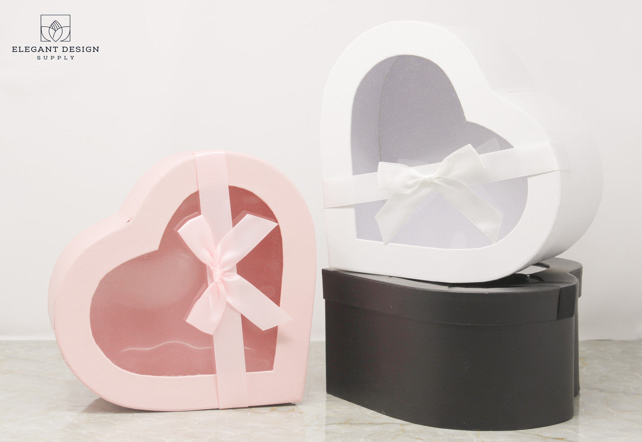 White, Pink and Black Heart Shaped Box with Ribbon and Clear Lid for luxury chocolates, gift boxes, food packaging, and flower arrangements