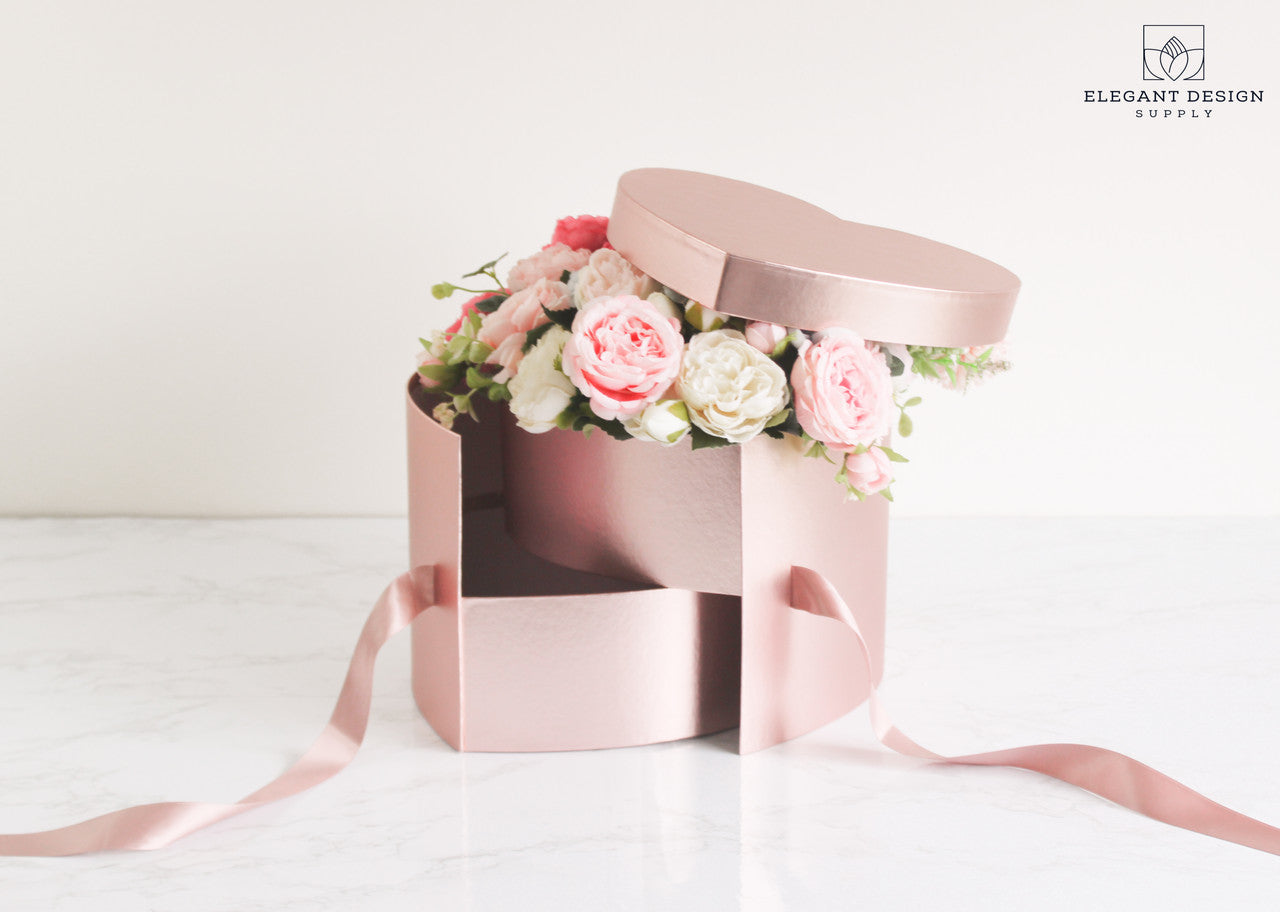 Metallic Rose Gold Two Layers Heart Shape Flower Box with Lid