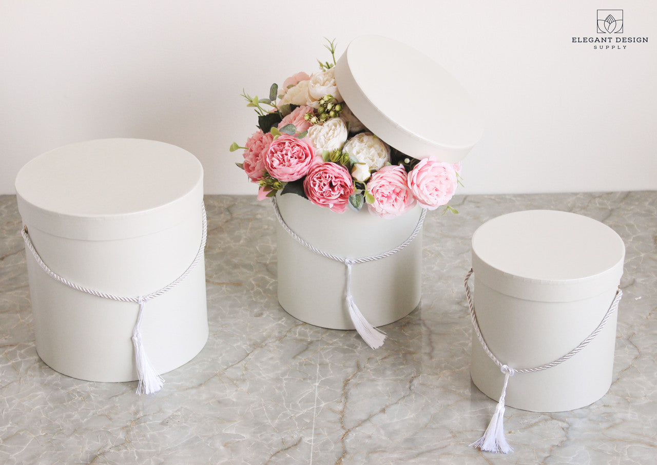White Round Floral Hat Box with Gold Accent - Set of 3