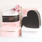 White, pink and black Heart Shape Flower Box for luxury flower arrangements, chocolate strawberries, and gifts.