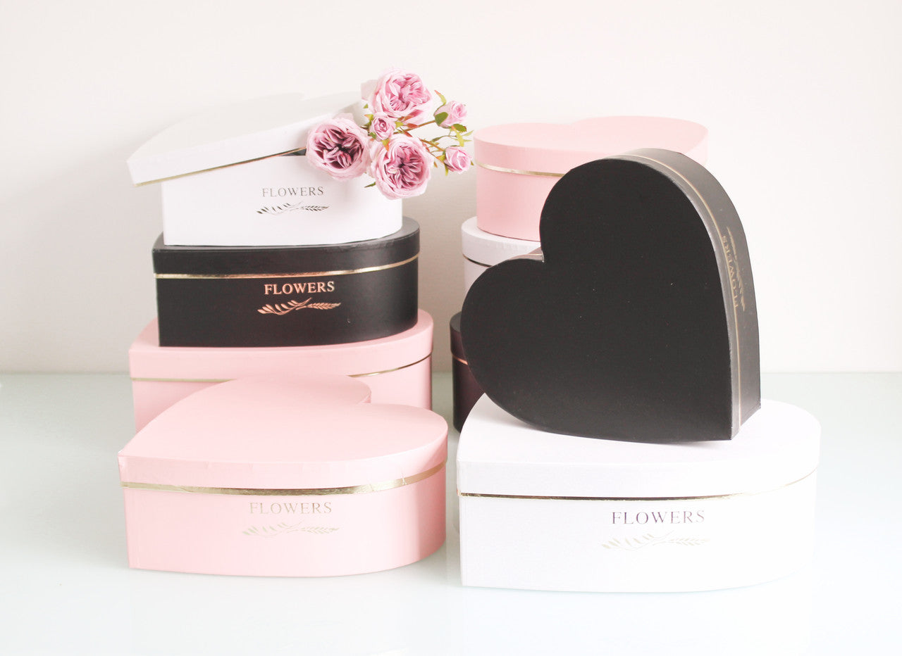 White, pink and black Heart Shape Flower Box for luxury flower arrangements, chocolate strawberries, and gifts.