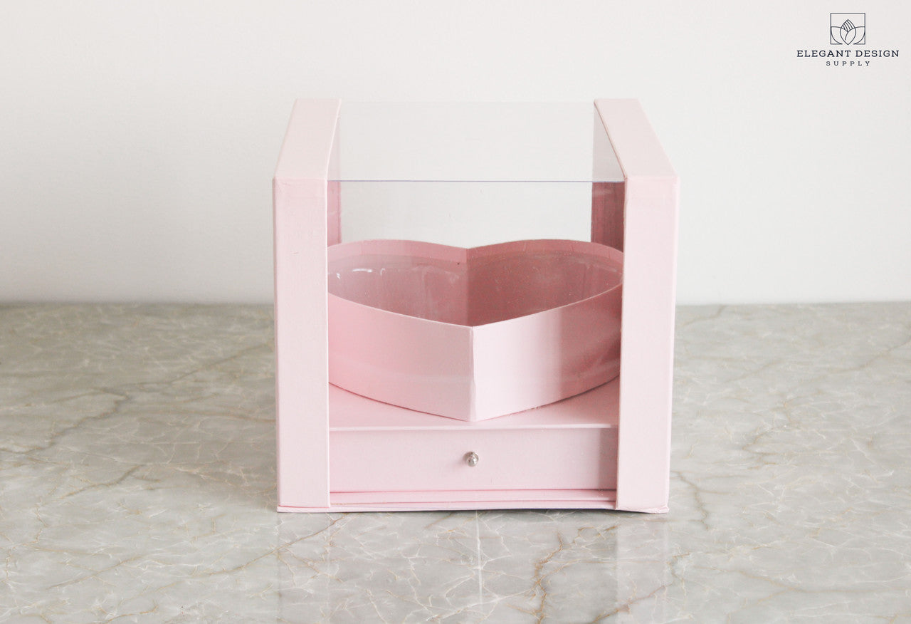 Pink Heart Shaped box with drawer for flower arrangements and gifts.