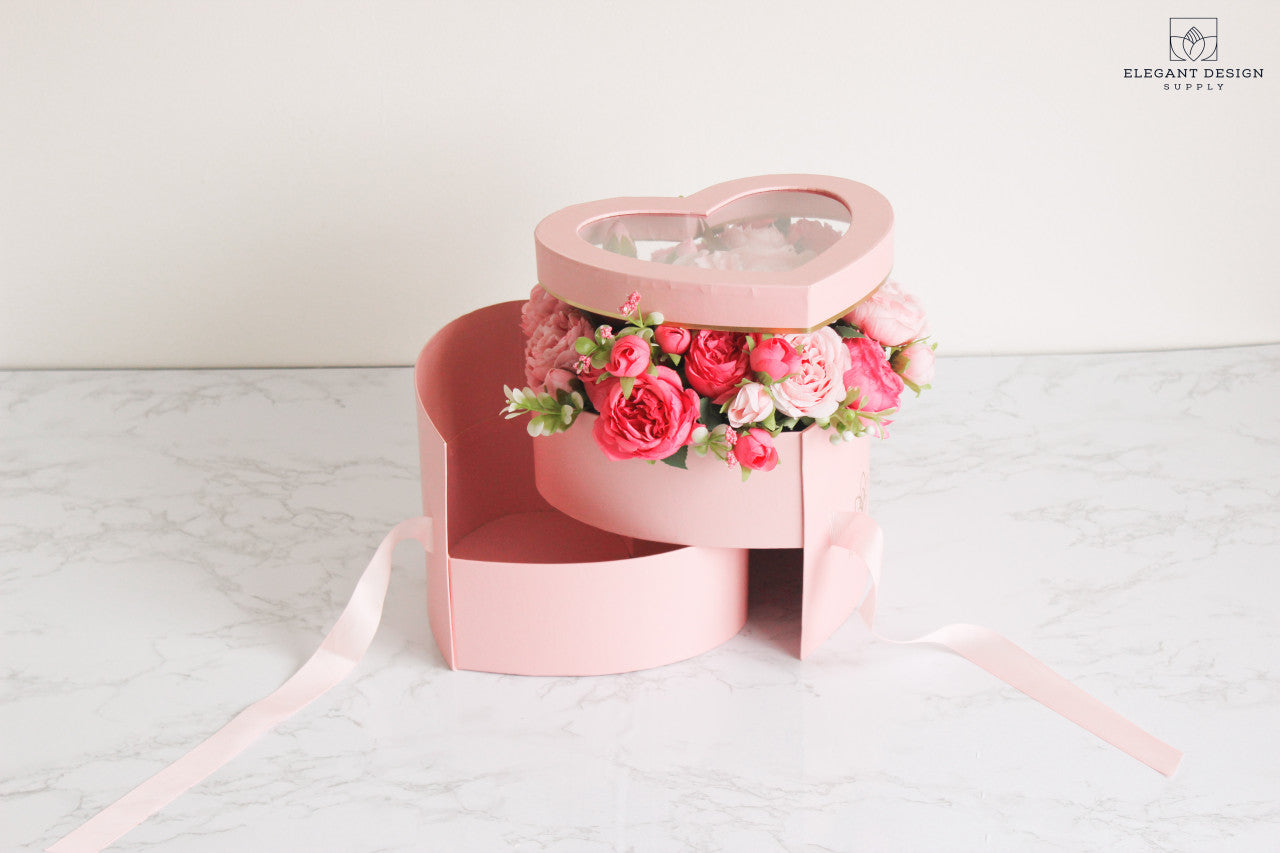 Pink Two layers heart shape box with clear lid for flower bouquets, chocolates, or wedding décor.