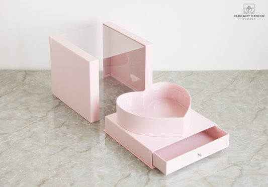 Pink Square Heart Shape PVC box with drawer for flower arrangements and gifts.