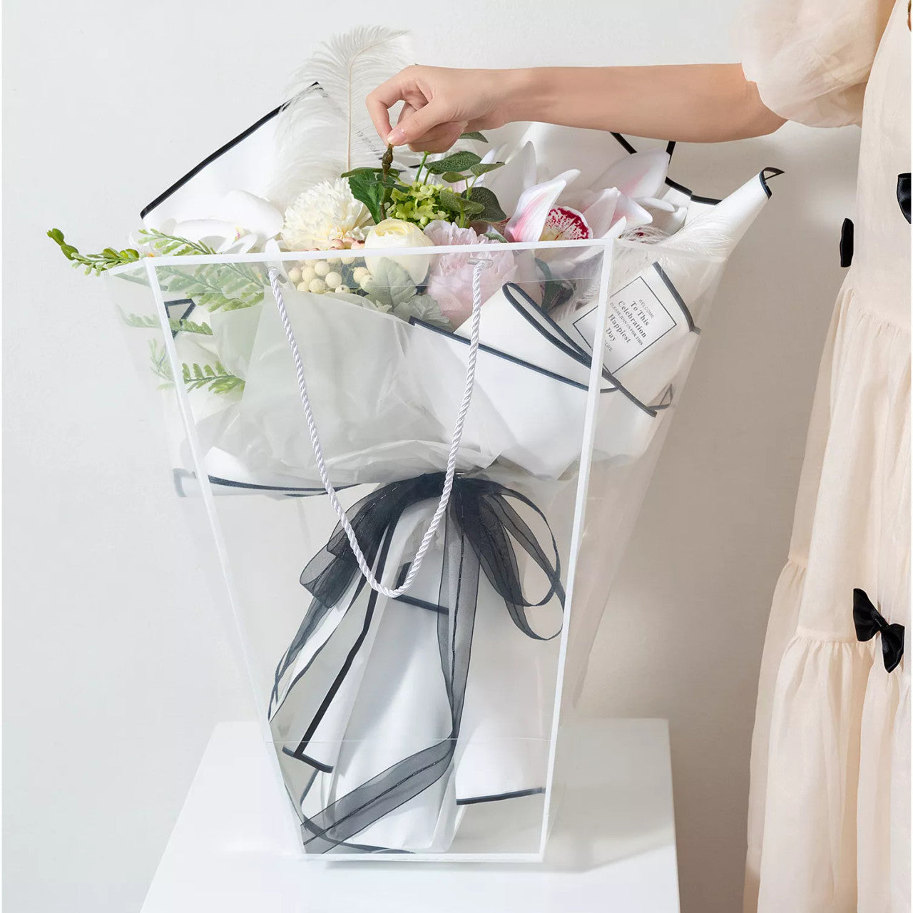 Elegant Clear Flower Bag showcasing a floral arrangement