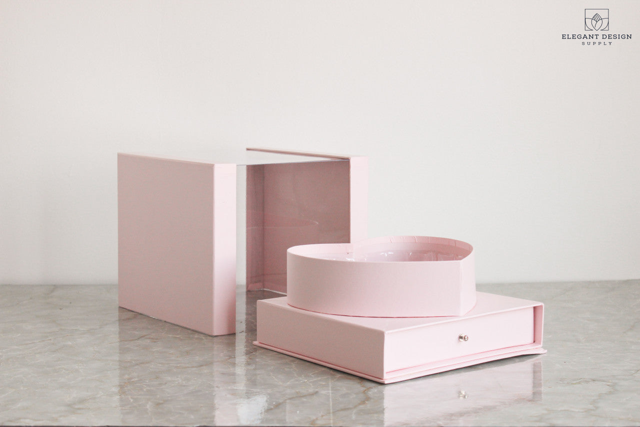 Pink Heart Shaped box with drawer for flower arrangements and gifts.