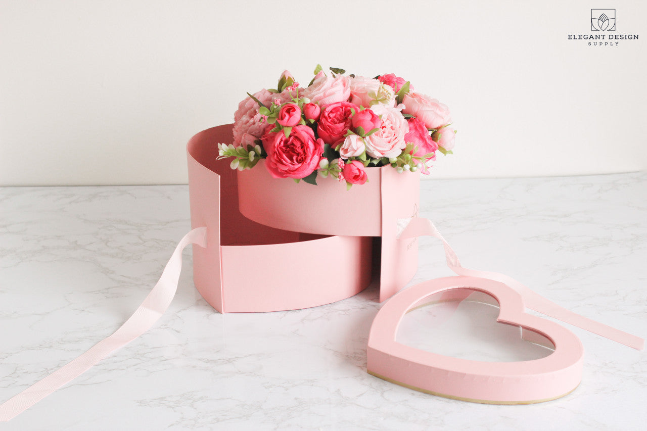 Pink Two layers heart shape box with clear lid for flower bouquets, chocolates, or wedding décor.