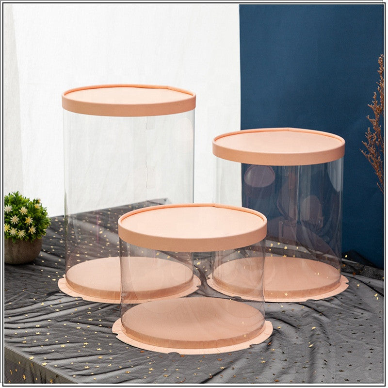 Pink Tall Round Clear Cake Box, Clear display cake box for bakery goods and desserts.