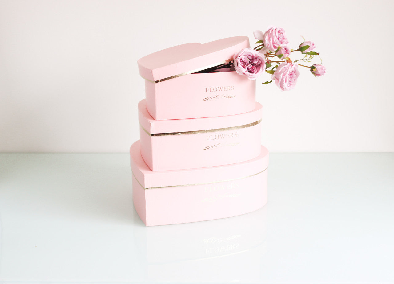 3 Piled pink Heart Boxes for luxury flower arrangements, chocolate strawberries, and gifts.