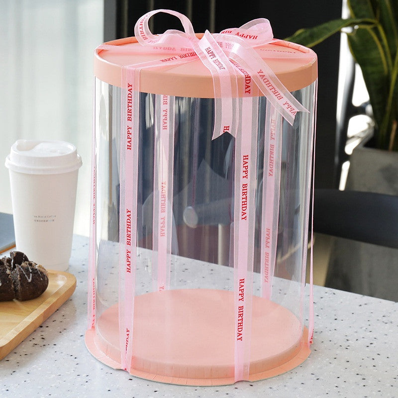 Pink Tall Round Clear Cake Box, Clear display cake box for bakery goods and desserts.