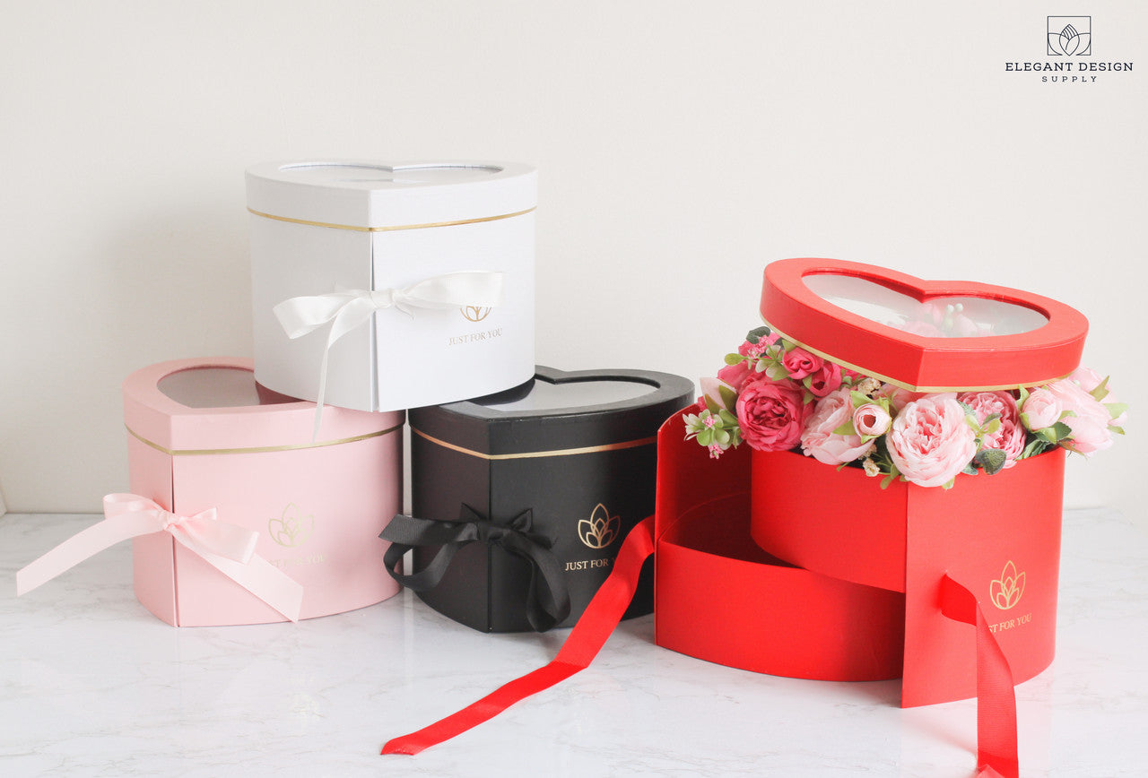 Pink, White, red and black Heart-shaped flower box for flower bouquets, chocolates, or wedding décor.