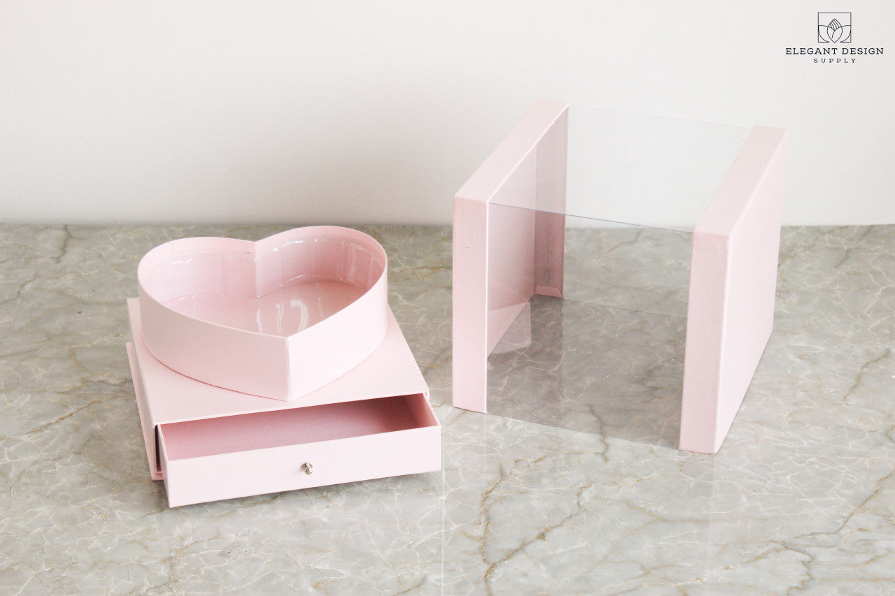 Pink Heart Shaped box with drawer for flower arrangements and gifts.