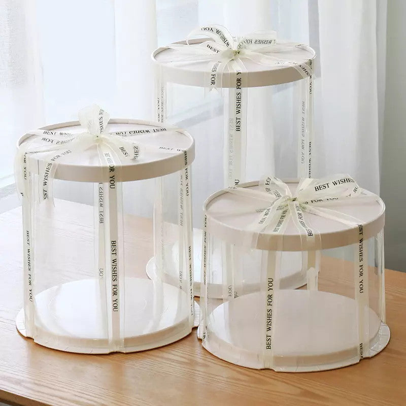 White Tall Round Clear Cake Boxes, Clear display cake boxes for bakery goods and desserts.