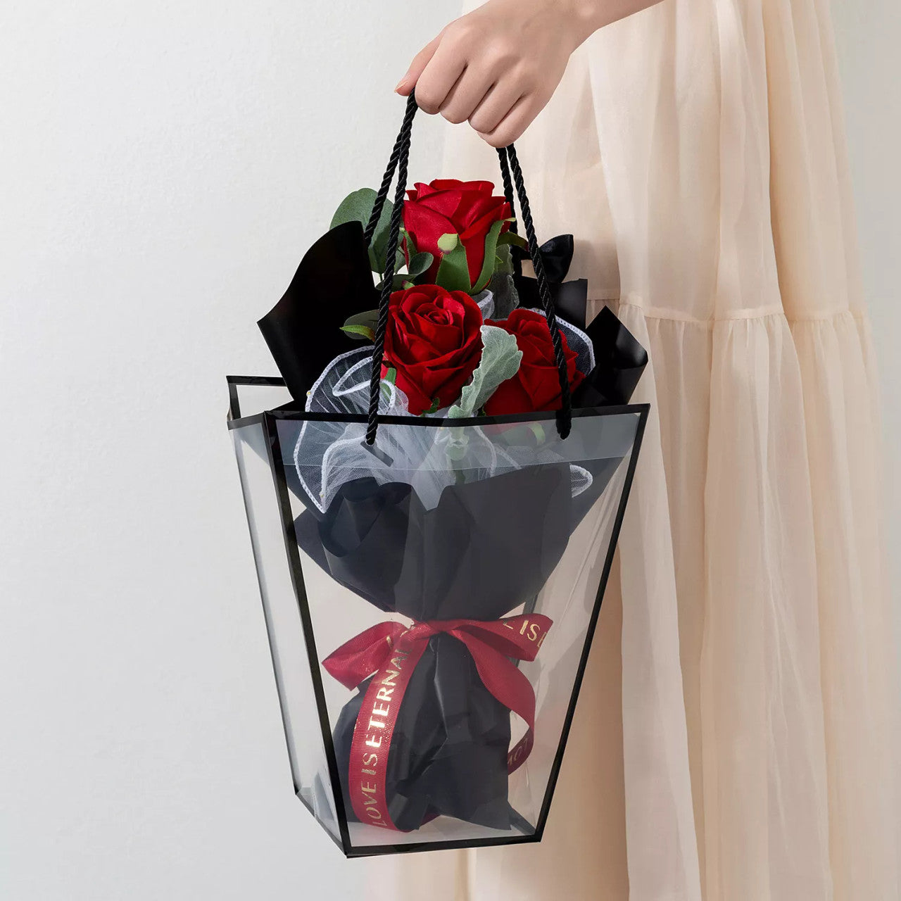 Dark Trapezoid Clear Flower Bag as gift bag for floral arrangement