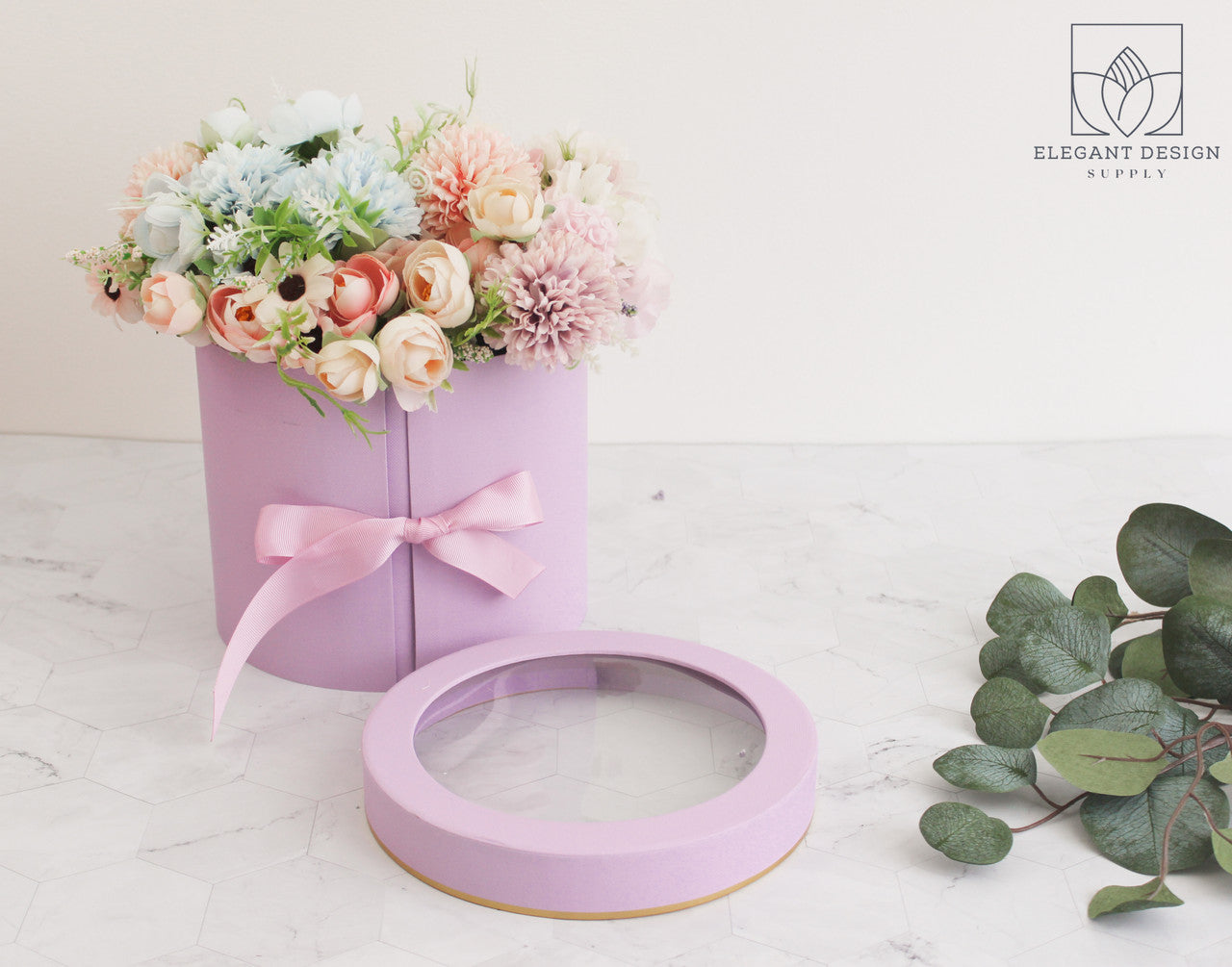 Round box with Clear Lid and Ribbon, Flower Boxes