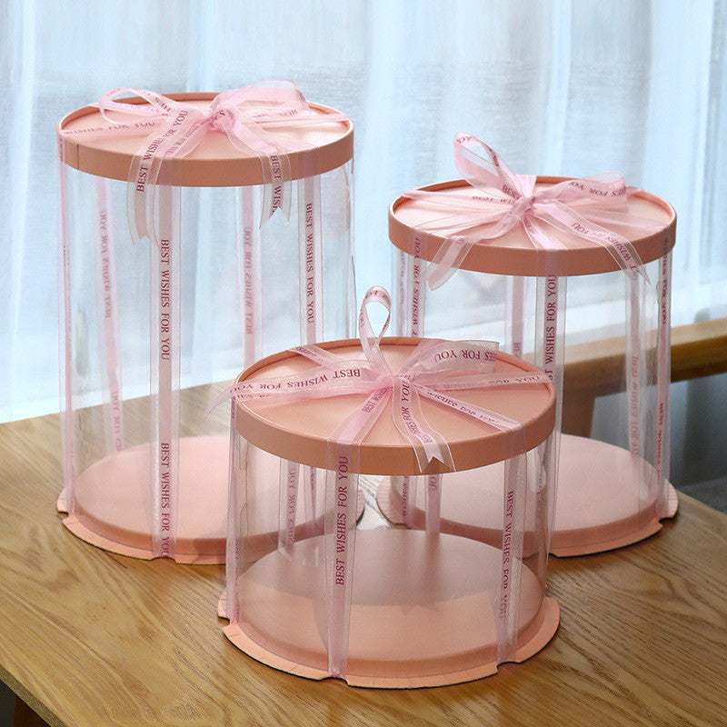 Pink Tall Round Clear Cake Box, bakery box with base and lid for cakes and baked goods