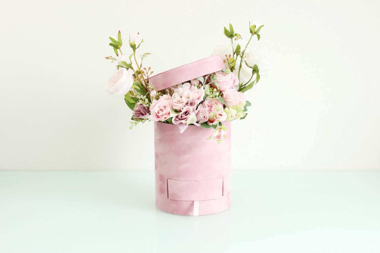 Pink Velvet Round Surprise Flower Box with Drawer