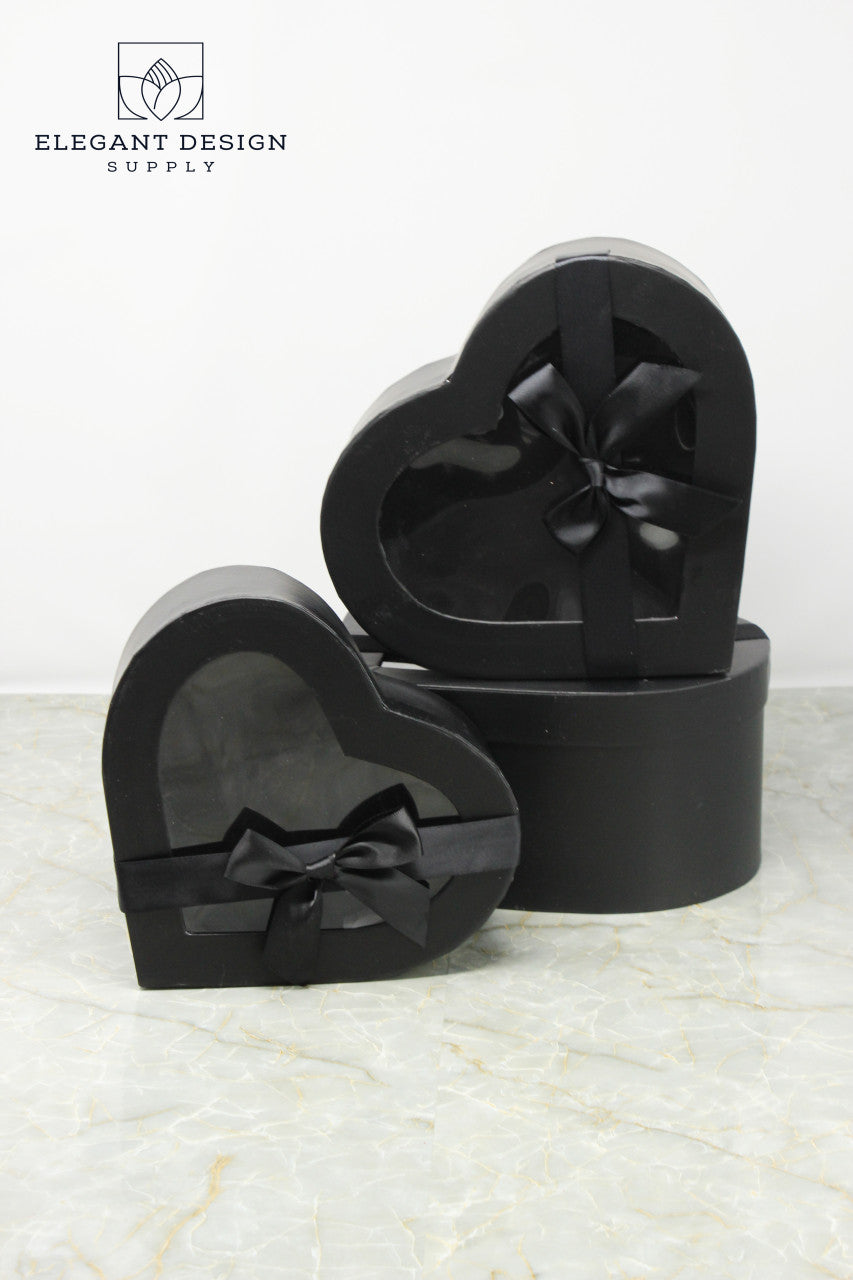 W6631 PVC Clear Lid Black Heart Shape Flower Box Set of 3