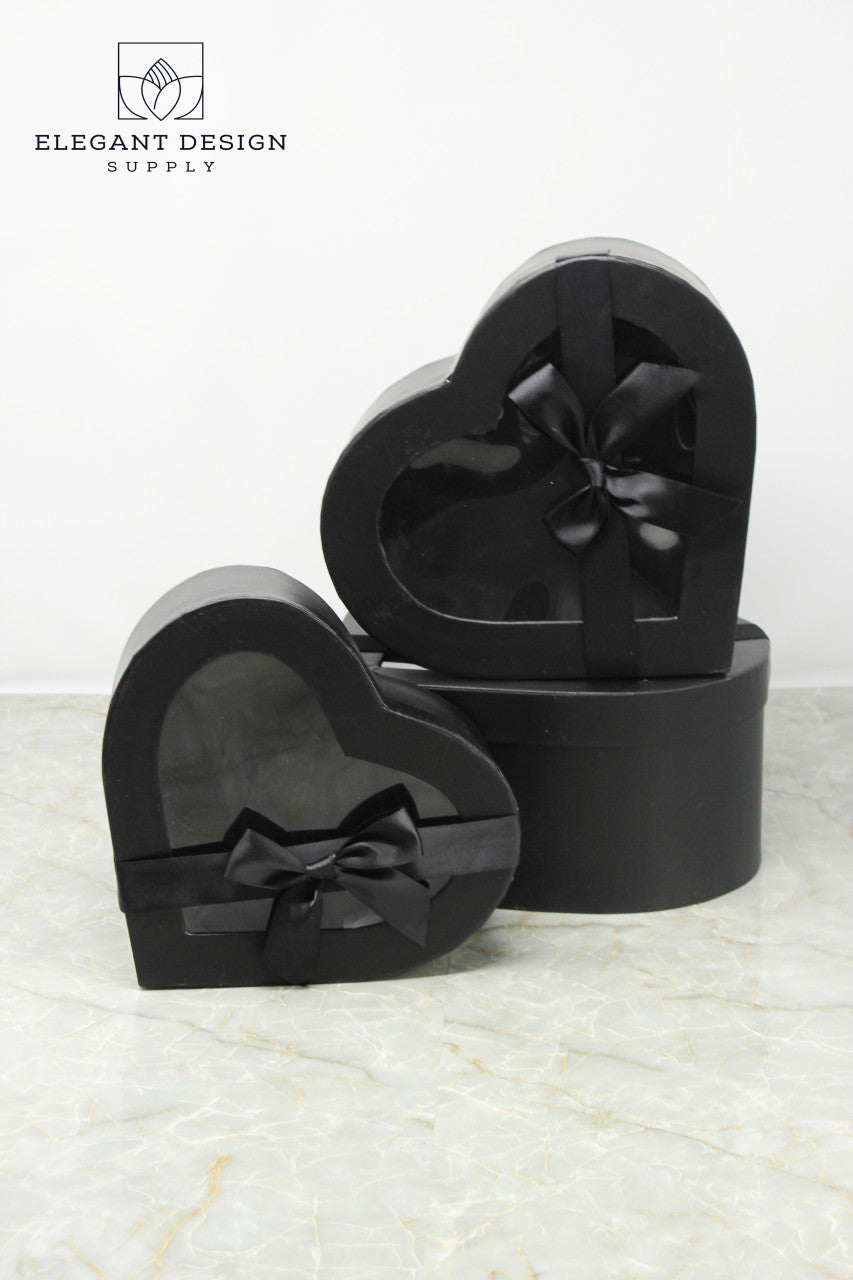 3 Black Heart Shape boxes with Ribbon