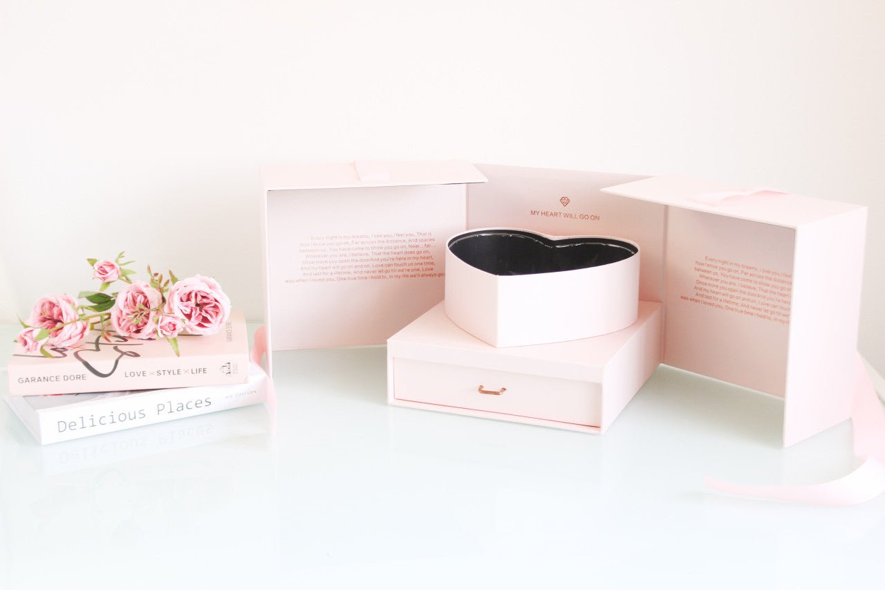 My Heart will go on Satin Square Flower Gift Box with Heart Shape and drawer - Elegant Supply