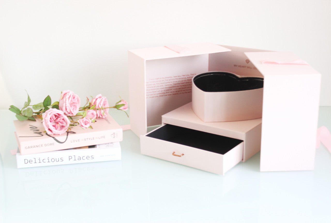 My Heart will go on Satin Square Flower Gift Box with Heart Shape and drawer - Elegant Supply